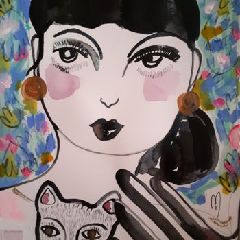 Peinture intitulée "Femme et son Chat" par Céline Marcoz, Œuvre d'art originale, Aquarelle