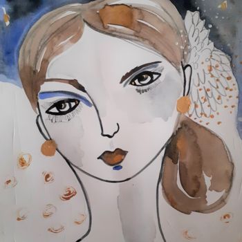 Peinture intitulée "Femme Portrait Ciel…" par Céline Marcoz, Œuvre d'art originale, Aquarelle