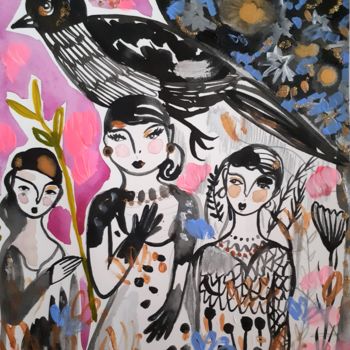 「Pink Oiseaux Filles」というタイトルの絵画 Céline Marcozによって, オリジナルのアートワーク, 水彩画