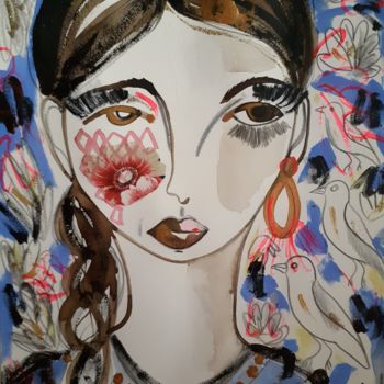Картина под названием "Fille Portrait Fleu…" - Céline Marcoz, Подлинное произведение искусства, Акварель