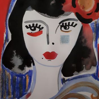 Peinture intitulée "Portrait Femme Fleu…" par Céline Marcoz, Œuvre d'art originale, Aquarelle