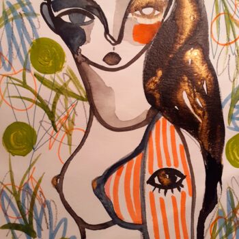 「Portrait Femme. Aqu…」というタイトルの絵画 Céline Marcozによって, オリジナルのアートワーク, 水彩画