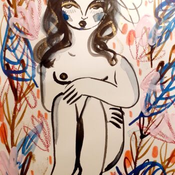 Schilderij getiteld "Nu Femme Forêt" door Céline Marcoz, Origineel Kunstwerk, Aquarel