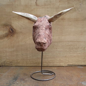 Sculpture intitulée "Tête d'auroch en br…" par Olivier Clop, Œuvre d'art originale, Pierre