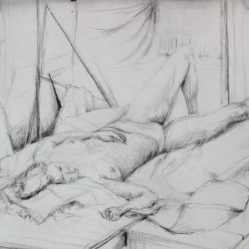Zeichnungen mit dem Titel "Aktstudie, liegende…" von Ralf Czekalla, Original-Kunstwerk, Bleistift
