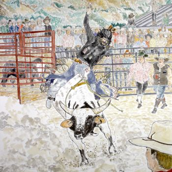 Painting titled "Rodeo - bull riding" by Orlando Marin Lopez, Original Artwork, Watercolor