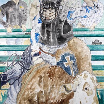 Painting titled "Bull rider" by Orlando Marin Lopez, Original Artwork, Watercolor