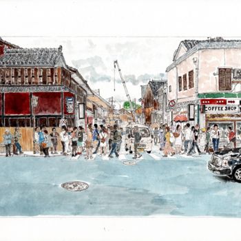 Malarstwo zatytułowany „Kyoto crossing” autorstwa Orlando Marin Lopez, Oryginalna praca, Akwarela
