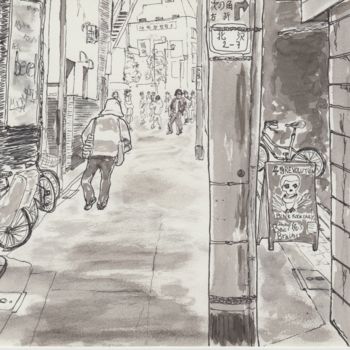Рисунок под названием "rue montante Tokyo" - Orlando Marin Lopez, Подлинное произведение искусства, Чернила