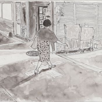 Рисунок под названием "femme qui marche" - Orlando Marin Lopez, Подлинное произведение искусства, Чернила