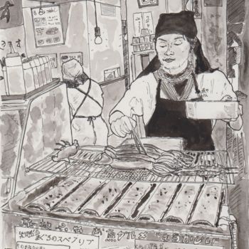 Zeichnungen mit dem Titel "tsukiji market tokyo" von Orlando Marin Lopez, Original-Kunstwerk, Tinte