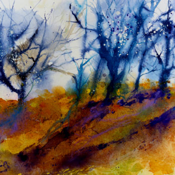 Painting titled "Blaue Bäume" by Orlabell, Original Artwork, Watercolor