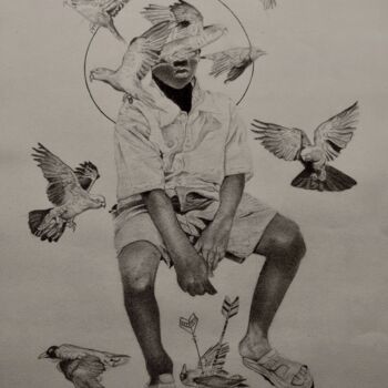 Disegno intitolato "Hunters; Angels and…" da Oryiman Agbaka (St Valentino de Augusto), Opera d'arte originale, Inchiostro