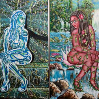 Pintura intitulada "Hermanas" por Oscar Galvan, Obras de arte originais, Acrílico Montado em Armação em madeira