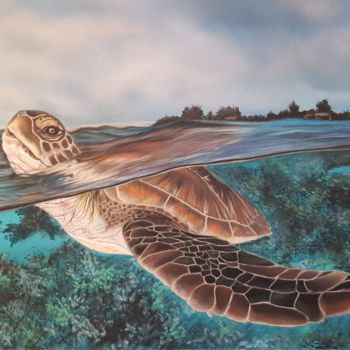 Painting titled "Turtle in the sea" by Aliona Oshkina, Original Artwork, Pastel