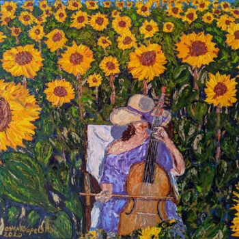 Pintura titulada "Cellist in sunflowe…" por Osmar Ropelatto, Obra de arte original, Acrílico Montado en Bastidor de camilla…