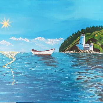 Painting titled "Boat and lighthouse" by Osnat Saban, Original Artwork, Acrylic
