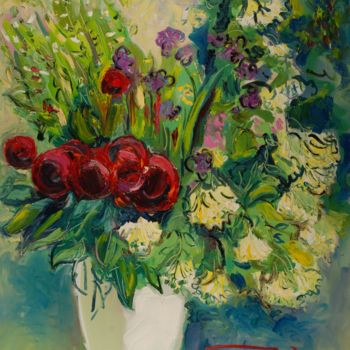 Painting titled "Peonies And Elder" by Ostap Patyk, Original Artwork, Oil