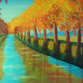 Peinture intitulée "Canal en automne" par Otero Ar, Œuvre d'art originale, Huile