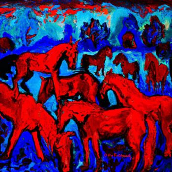 Digitale Kunst getiteld "Rote Pferde - Red H…" door Otto Frühwach, Origineel Kunstwerk, Digitaal Schilderwerk Gemonteerd op…