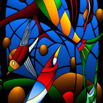 Arte digitale intitolato "Birds in the Window…" da Otto Frühwach, Opera d'arte originale, Stampa digitale Montato su Altro p…