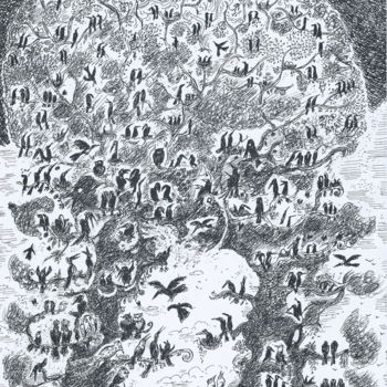 Disegno intitolato "L'arbre aux oiseaux" da Jmdamien, Opera d'arte originale, Inchiostro