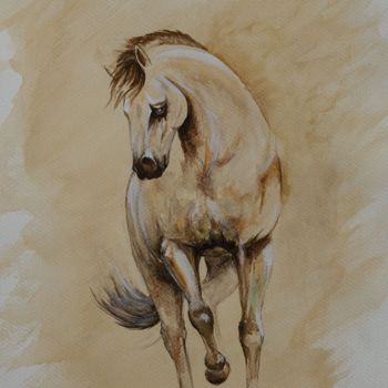 Schilderij getiteld "Cheval arabe" door Oussama Asri, Origineel Kunstwerk, Aquarel