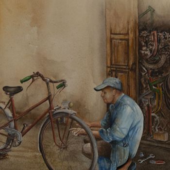 Painting titled "Réparateur vélo" by Oussama Asri, Original Artwork, Watercolor