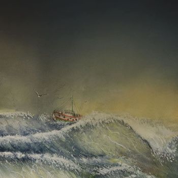 Schilderij getiteld "Un bateau remorqueu…" door Oussama Asri, Origineel Kunstwerk, Aquarel