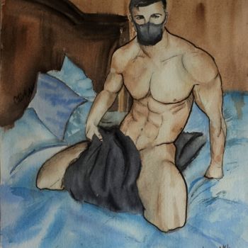 ORIGINAL WATERCOLOUR PAINTING BACK MALE NUDE SELF-ISOLATION