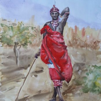 "African Man Leader…" başlıklı Tablo Olivkan Art tarafından, Orijinal sanat, Suluboya