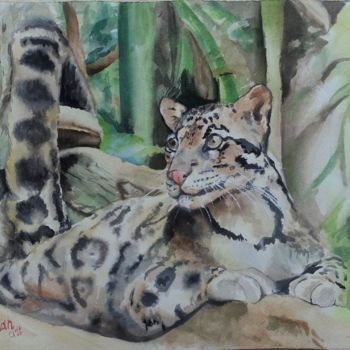 Painting titled "Big Cat ORIGINAL WA…" by Olivkan Art, Original Artwork, Watercolor