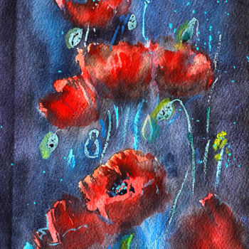Malerei mit dem Titel "Poppy Red Original…" von Olivkan Art, Original-Kunstwerk, Aquarell