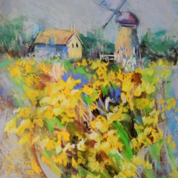 Schilderij getiteld "Windmill Field Yell…" door Olivkan Art, Origineel Kunstwerk, Pastel