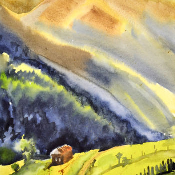 Painting titled "Mountain  Chalet Wa…" by Olivkan Art, Original Artwork, Watercolor