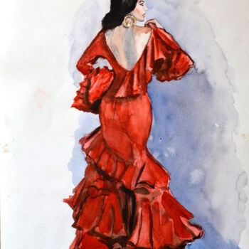 Malerei mit dem Titel "Flamenco dance wate…" von Olivkan Art, Original-Kunstwerk, Aquarell