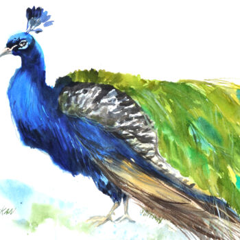 Pintura intitulada "Peacock Watercolor…" por Olivkan Art, Obras de arte originais, Aquarela