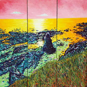 Painting titled "Triptyque du rocher…" by Oviri, Original Artwork, Oil Mounted on Wood Stretcher frame