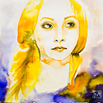 Pintura intitulada "Blonde à la tresse.…" por Owl On Tree, Obras de arte originais, Aquarela