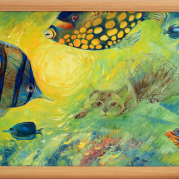 Pittura intitolato "Aquarium and cat" da Oxana Antonenko, Opera d'arte originale, Olio Montato su Telaio per barella in legno