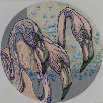 Dibujo titulada "Flamingo (silver 1)" por Oxana Kondratenko, Obra de arte original, Rotulador