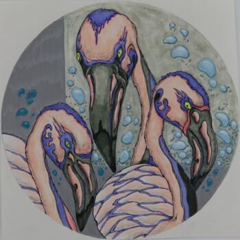 Desenho intitulada "Flamingo (silver 2)" por Oxana Kondratenko, Obras de arte originais, Marcador