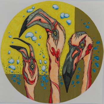 Dibujo titulada "Flamingo (yellow 1)" por Oxana Kondratenko, Obra de arte original, Rotulador