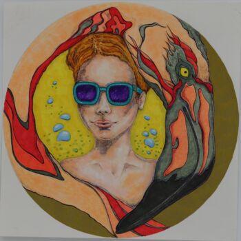 Disegno intitolato "Flamingo (yellow2)" da Oxana Kondratenko, Opera d'arte originale, Pennarello