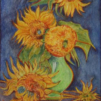 Zeichnungen mit dem Titel "Sunflowers (blue ba…" von Oxana Kondratenko, Original-Kunstwerk, Pastell