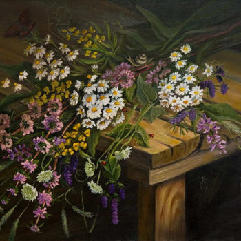 Malerei mit dem Titel "Цветы" von Oksana Levintsova, Original-Kunstwerk, Öl Auf Keilrahmen aus Holz montiert