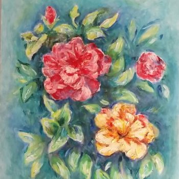 Painting titled "Ibiscus flowers" by Oxana Sakharzeva, Original Artwork, Oil