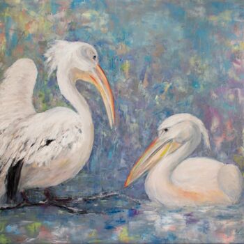 Painting titled "Pelicans" by Oxana Shimanchuk, Original Artwork, Oil Mounted on Wood Stretcher frame