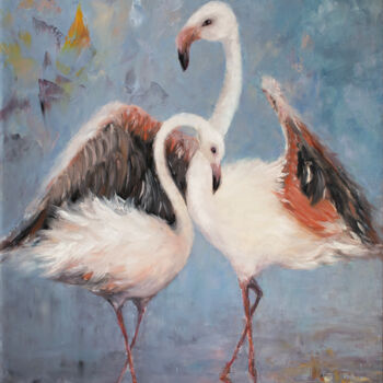 Painting titled "Flamingos in the sa…" by Oxana Shimanchuk, Original Artwork, Oil Mounted on Wood Stretcher frame
