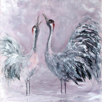 Painting titled "Cranes at Dawn" by Oxana Shimanchuk, Original Artwork, Oil Mounted on Wood Stretcher frame